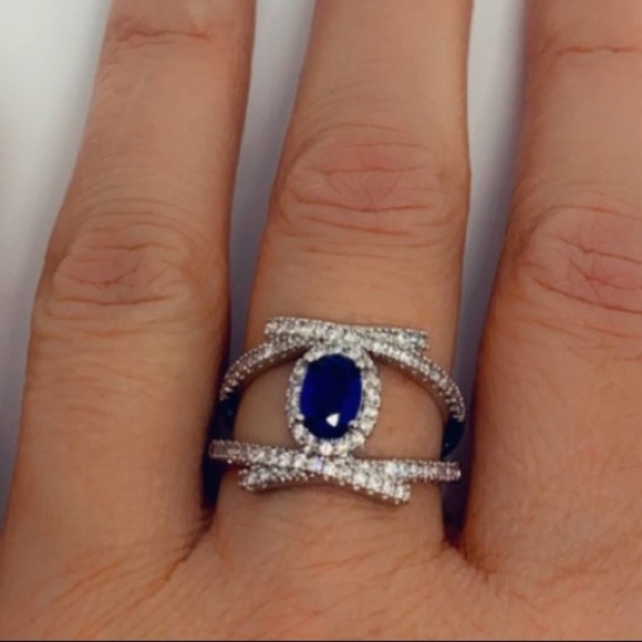 Silver Sapphire Halo X Ring - Picture 3 of 5